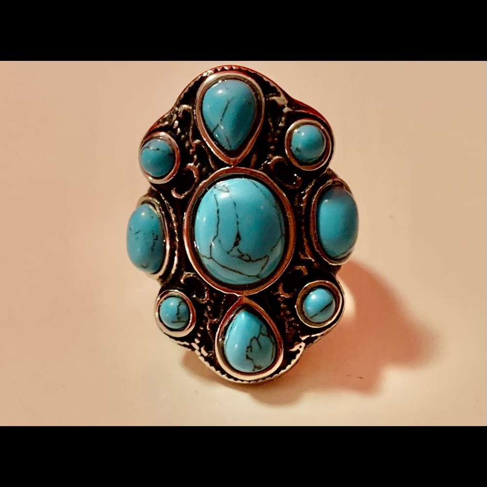 9 Stone Turquoise & Silver Cluster Ring